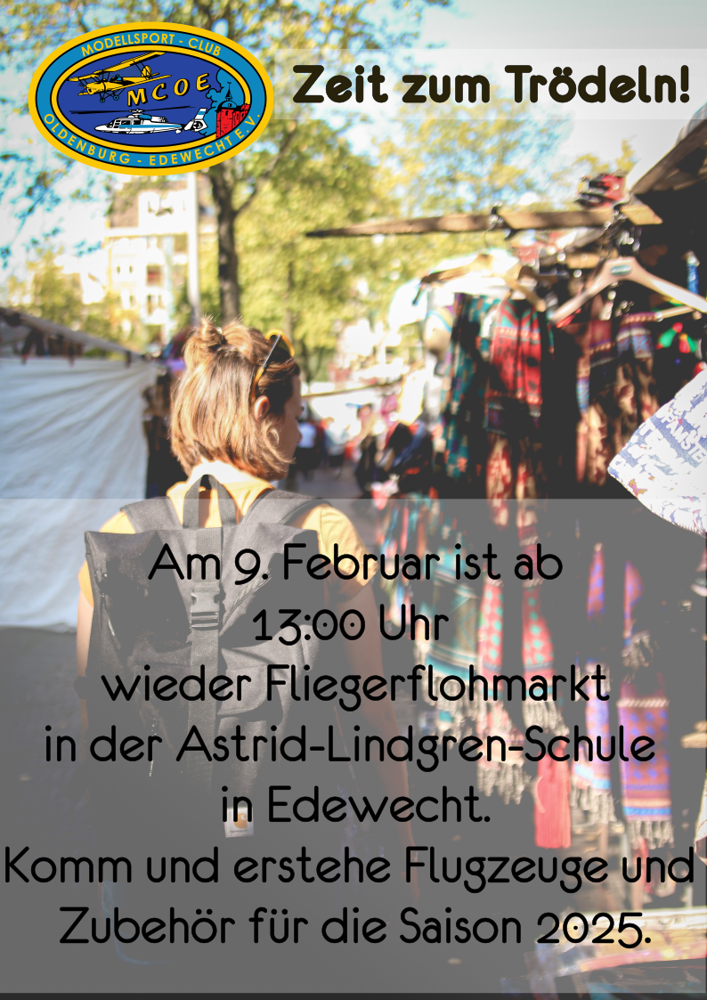 Am 9 Februar ist  wieder Fliegerflohmarkt  in der Astrid-Lindgren-Schule   in Edewecht.  Komm und erstehe Flugzeuge und  Zubehör für die Saison 2025.